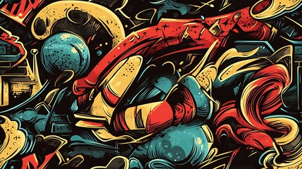Fototapeta premium Seamless graffiti pattern featuring rockets, swirling galaxies, and floating planets, surrounded by neon splashes and abstract shapes, spray-painted on a dark city wall with glowing accents,