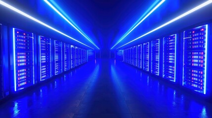 Fototapeta premium High-Fidelity Server Room with Blue Lighting