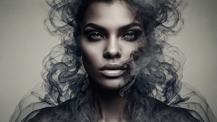 Monster face made out of smoke. Shot of a woman's face with smoke or fog emerging from her skin. Girl face made of smoke. Scary makeup for halloween party. Death and mysticism