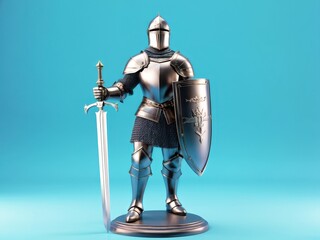 Naklejka premium A metallic knight figurine holding a sword and shield against a blue background.