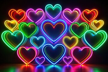 Neon glowing heart objects in the dark aerial view