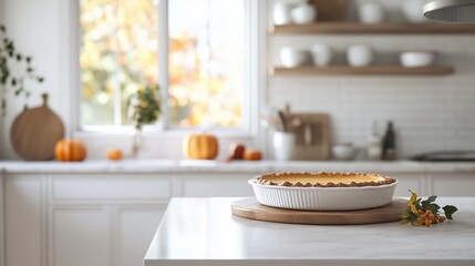 Fototapeta premium Photo of a kitchen with white cabinets and marble countertops, with a pumpkin pie in a round ceramic tin in the foreground.