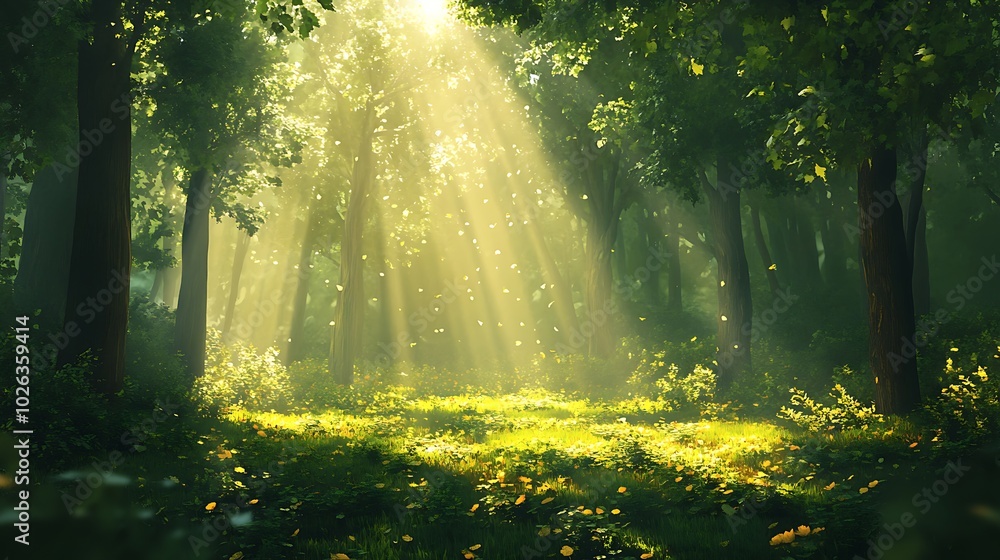 Aufkleber A serene forest scene illuminated by sunlight filtering through the trees, creating a magical, tranquil atmosphere filled with greenery and shafts of light.