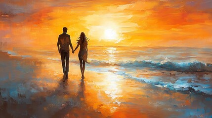 Couple walking on beach during sunset, romantic atmosphere