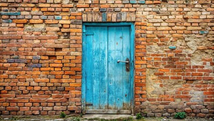 Rustic brick wall with weathered blue wooden door