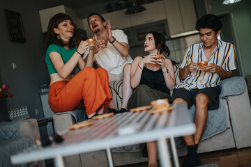 A cheerful gathering of friends at home, sharing coffee and laughter. The casual setting highlights friendship and joyful moments together in a cozy living room environment.