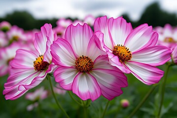 Obraz premium Field of cosmos flowers in soft shades of pink and white, stretching out across a countryside landscape, with a soft breeze gently moving the blooms