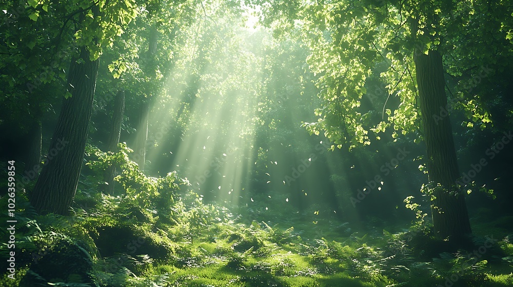 Poster a serene forest scene with sunlight streaming through lush green leaves, creating a peaceful and inv