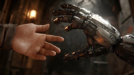 A human hand reaches out to a robotic hand, symbolizing the growing relationship between humans and technology.