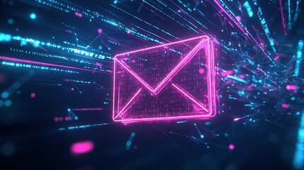 A vibrant digital illustration of an email icon, bursting with neon colors and data streams, representing modern communication.