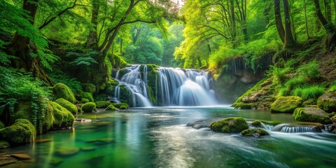 Obraz premium Scenic view of flowing river in lush green forest landscape