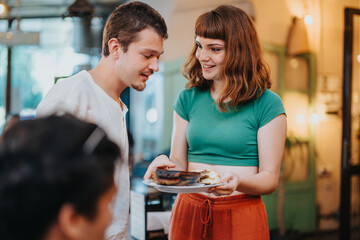 A joyful group of friends gathering in a cozy cafe, sharing delicious cake and enjoying each other's company. The atmosphere is warm and inviting, creating memorable moments of friendship.