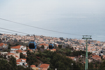 Cable car with cabins above the city Funchal, Madeira Island, Portugal