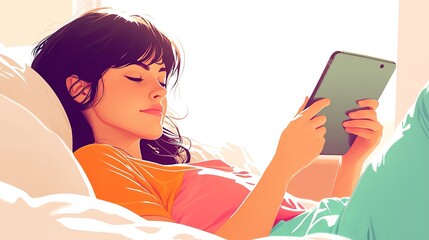 Woman reading on a tablet while lying comfortably in bed