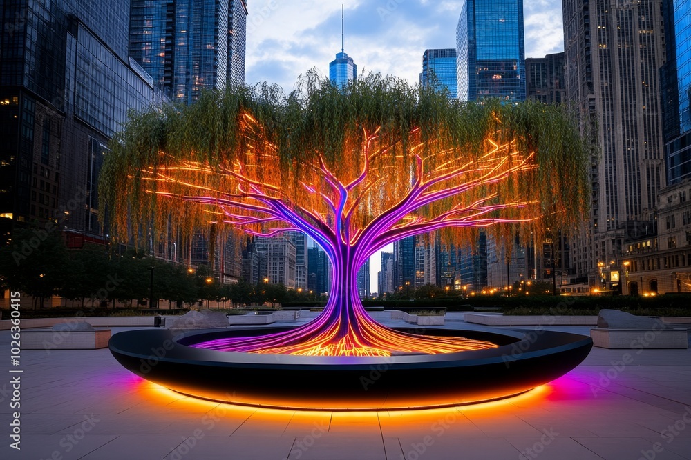 Poster futuristic willow tree in a high-tech park, with glowing, neon branches and leaves that change color