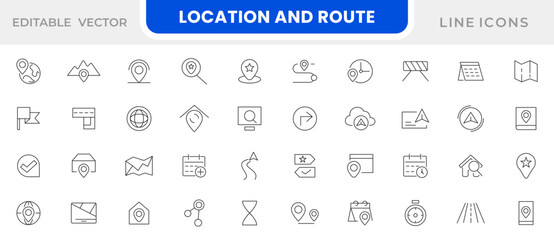 Location and Route line icon set. Road trip path, trail, home marker, journey, compass, globe, country, geography, tourism, street, transport line icon set. UI thin line icon pack.