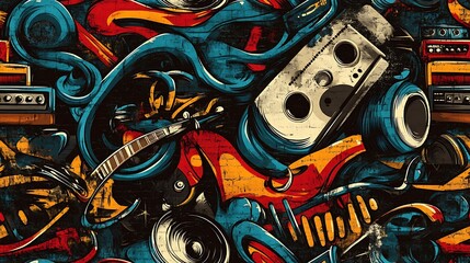 Obraz premium Seamless graffiti pattern incorporating electric guitars, abstract speakers, and equalizer bars, all connected by curving soundwaves and bright neon accents,
