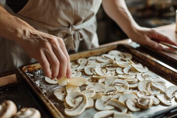 Chef preparing mushroom dish on baking sheet in rustic kitchen