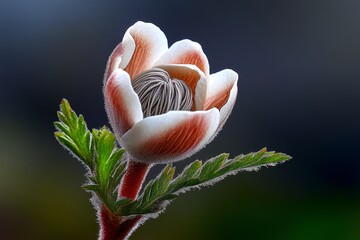 Gentle watercolor depiction of a Pasque flower bud, just beginning to open, with light, airy colors symbolizing the arrival of spring