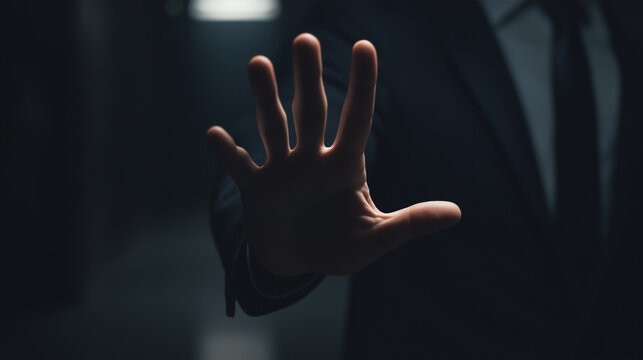 businessman raising his hand in front indicating order to stop, forbid, invalid. Corruption, illegal, anti-corruption concept.
