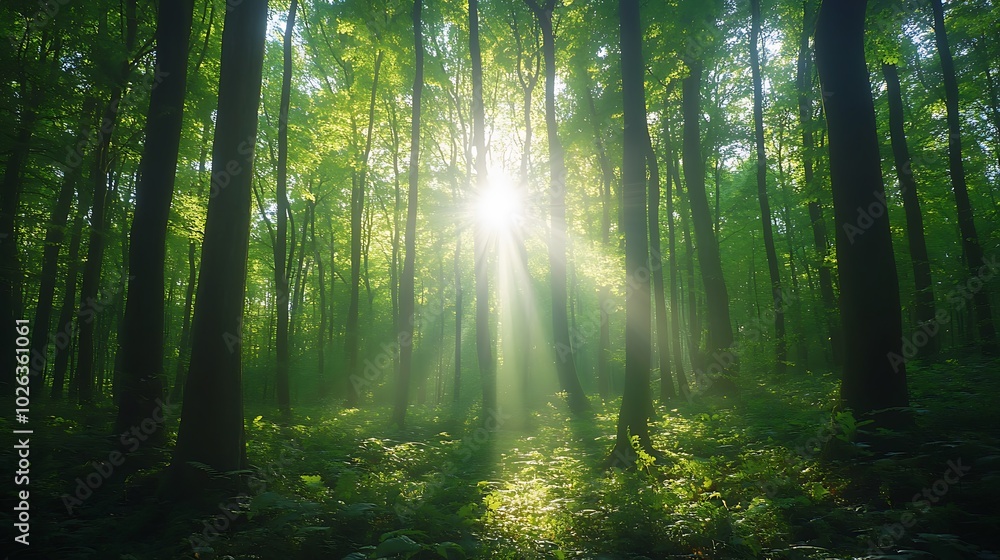 Poster A serene forest scene with sunlight streaming through trees, creating a tranquil atmosphere filled with lush greenery.