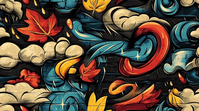 Seamless graffiti pattern incorporating leaf shapes, raindrops, and clouds, highlighted with vibrant neon colors and dynamic brushstrokes, set against a distressed city wall,