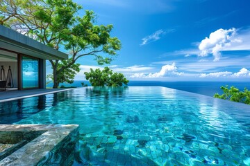Infinity pool overlooking the ocean with trees and blue sky in the background. Luxury vacation and tropical resort