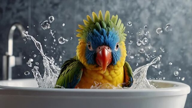 charming parrot bathing in the bathtub