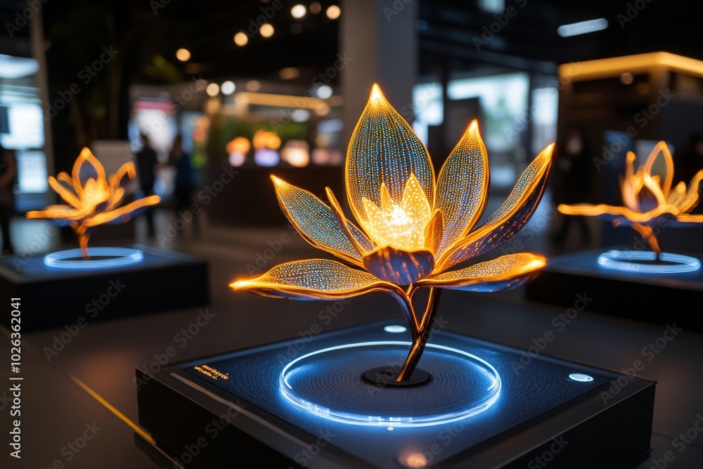 Poster holographic pasque flower display, where the flowers are projected in glowing 3d forms, with each pe