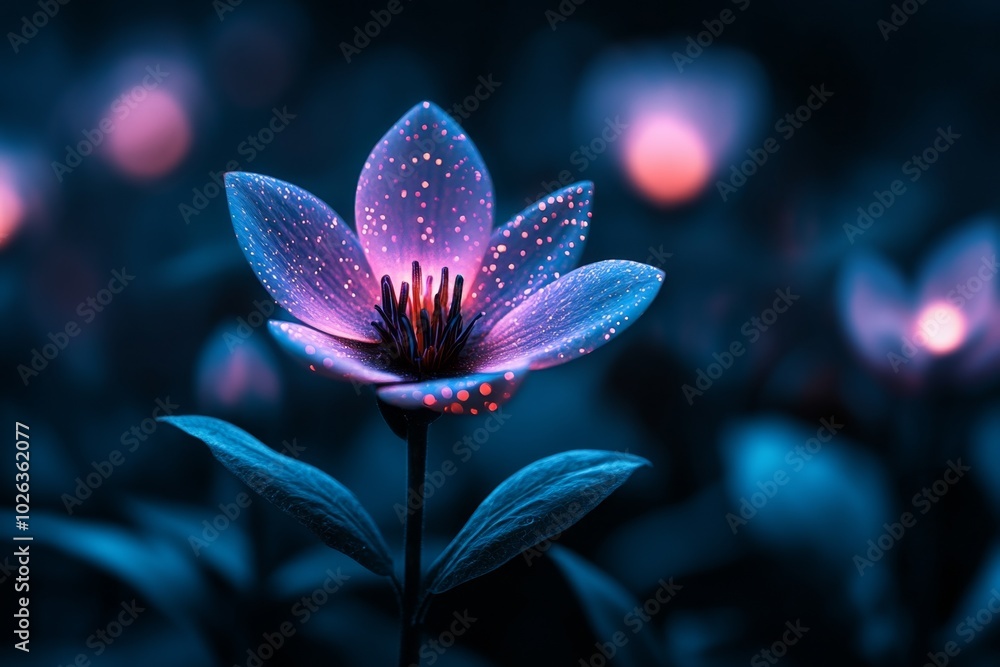 Poster holographic pasque flower display, where the flowers are projected in glowing 3d forms, with each pe