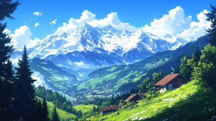 A picturesque view of a valley nestled between snow-capped mountains, with lush green meadows and charming houses, under a bright blue sky.