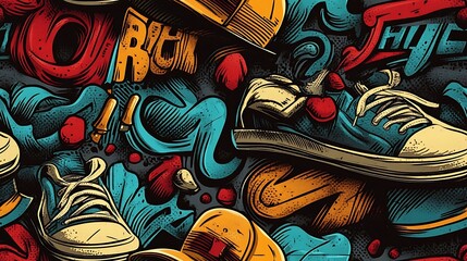 Seamless graffiti pattern incorporating sneakers, baseball caps, and bold graffiti tags, highlighted with neon accents and dynamic shapes, layered on a textured concrete wall,