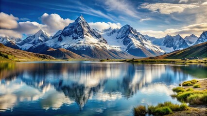 Snowy mountain landscape with tilted angle, showcasing mountains and a lake