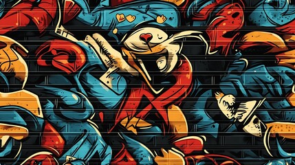 Seamless graffiti pattern with cats, dogs, and abstract bird silhouettes, highlighted by bright neon colors and dynamic shapes, spray-painted on a dark concrete wall,