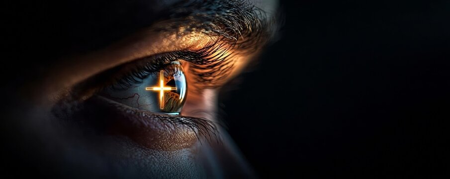 An eye illuminated by the image of a cross, portraying devotion and the personal connection to spiritual growth, the Bible, and the presence of Jesus