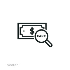 Fake money and a magnifying glass  icon isolated on white background. Vector illustrations are made with vector-based software, not AI generated results.