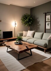 loveseat sofa against white wall with poster frames. Japandi home interior design of modern living room.