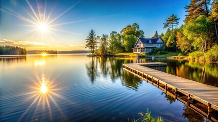 Obraz premium Sun glinting off lake with docks in water mansion lakeside properties with forest Macro