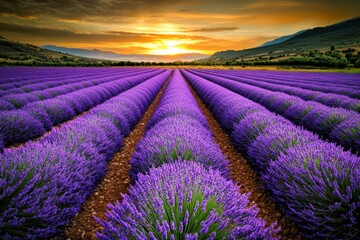 Obraz premium Lavender field at sunrise, with rows of purple flowers gently swaying in the breeze, framed by a golden glow from the rising sun