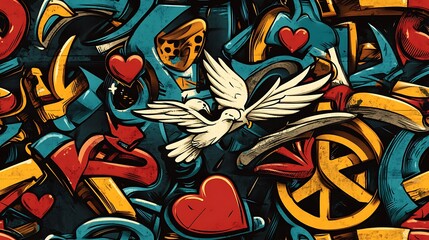 Naklejka premium Seamless graffiti pattern with hearts, doves, and abstract peace symbols, highlighted by bright neon colors and brushstrokes, spray-painted on a dark concrete wall,