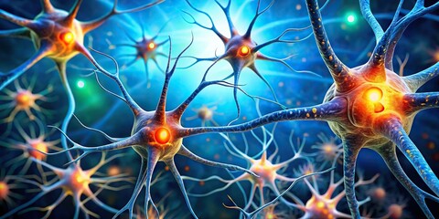 Neuron cells with brain Alzheimers plaque, synapses, dementia disease concept