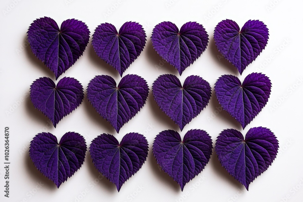 Poster minimalist composition of purple dead-nettle leaves, arranged in a clean, simple pattern, showcasing