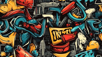 Seamless graffiti pattern with street signs, skyscrapers, and abstract road symbols, highlighted by bright neon colors and brushstrokes, spray-painted on a dark concrete wall,