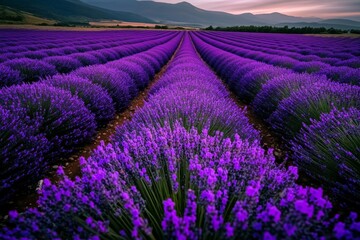 Obraz premium Minimalist lavender field, with clean rows of purple flowers leading toward a simple horizon line under a clear sky