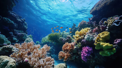 Vibrant Underwater Scene at the Great Barrier Reef: Schools of Tropical Fish, Coral Formations, and an Underwater Cave in High-Resolution Marine Photography.