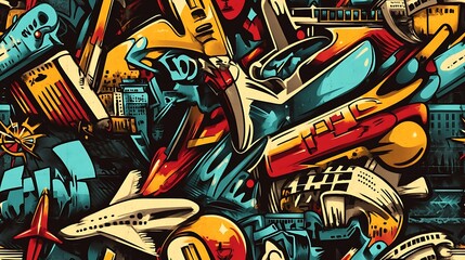 Seamless graffiti pattern with travel landmarks, airplane trails, and compass symbols, highlighted by bright neon colors and brushstrokes, spray-painted on a dark concrete wall,