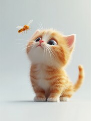 Fototapeta premium Cute Kitty's Close Encounter: A 3D Cartoon Cat Meets a Beautiful Insect in a Minimalist, Award-Winning Illustration