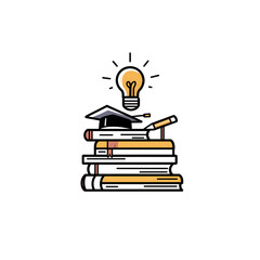 Line Art Logo of Books, Pencil, Graduation Hat, and Light Bulb