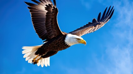 Naklejka premium A majestic eagle soaring against a bright blue sky, showcasing its wingspan and grace.