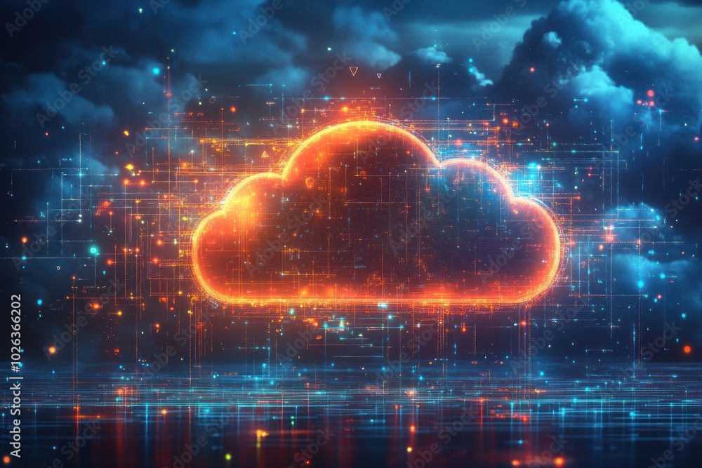 Poster a glowing cloud icon against a dark background with digital data particles.